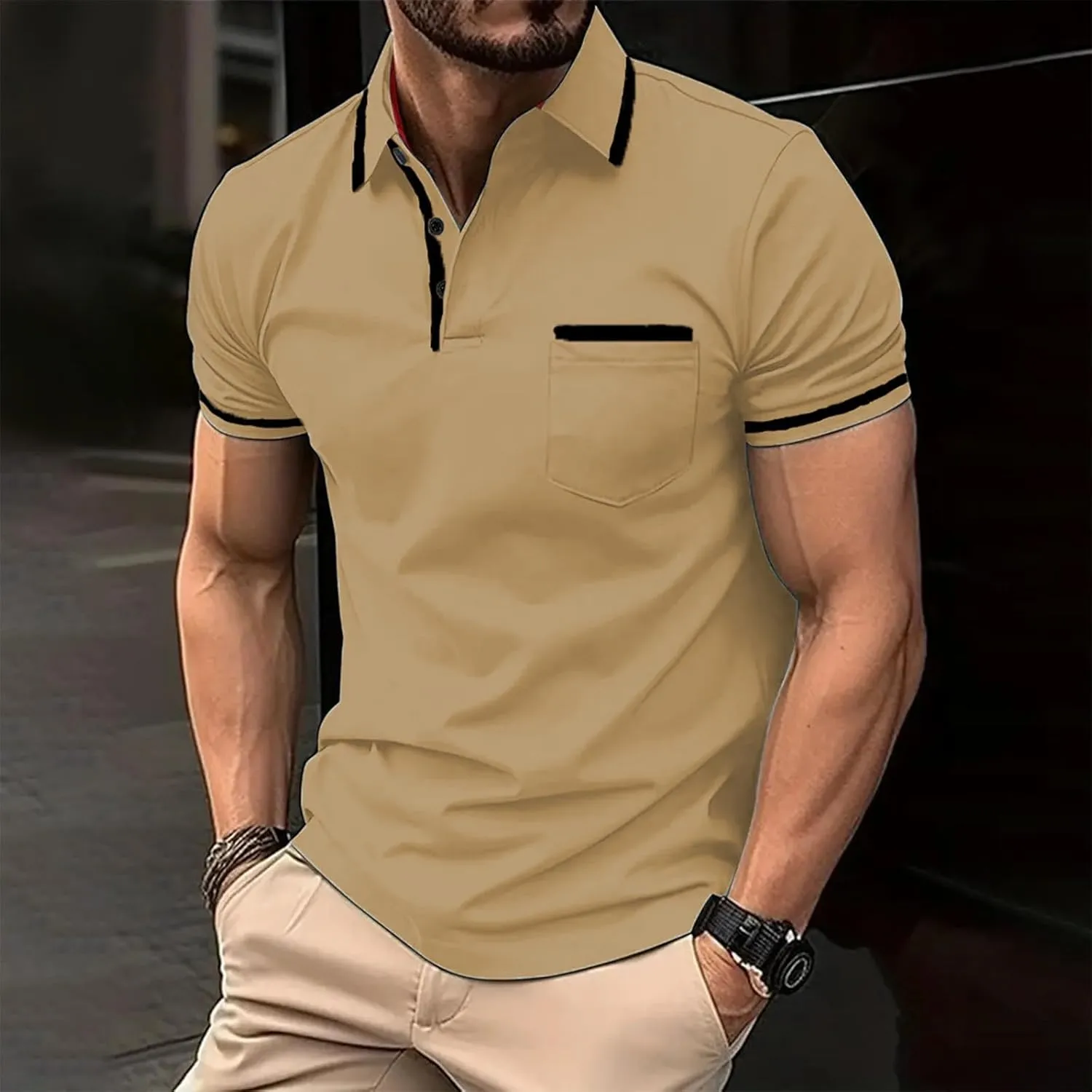 KIKX0DE Men's Casual Short Sleeve Polo Shirt Breathable Summer Comfort Big & Tall with Pocket