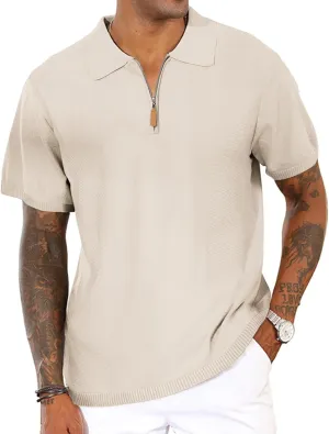 Men's Casual Zipper Polo Shirts Regular Fit Short Sleeve Knitting Shirts Stretchy Golf Shirts