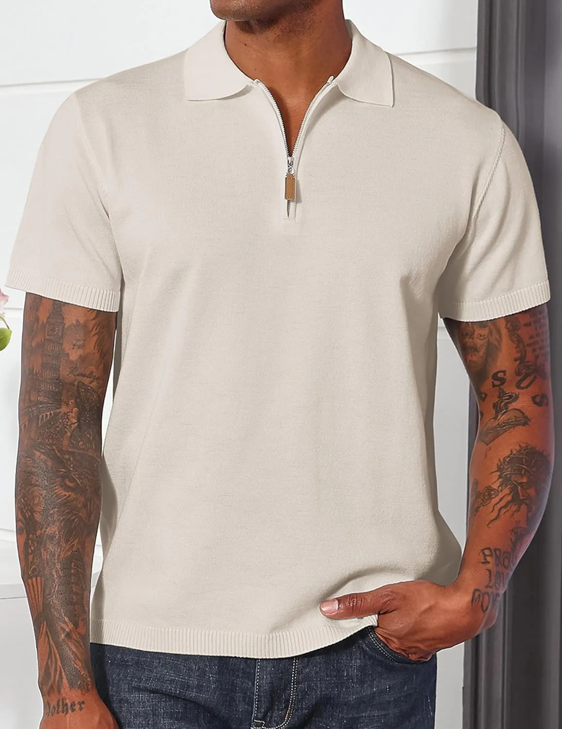 Men's Casual Zipper Polo Shirts Regular Fit Short Sleeve Knitting Shirts Stretchy Golf Shirts