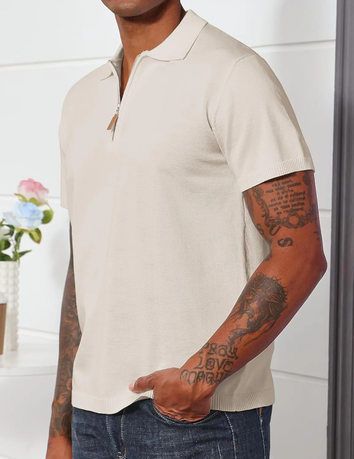 Men's Casual Zipper Polo Shirts Regular Fit Short Sleeve Knitting Shirts Stretchy Golf Shirts
