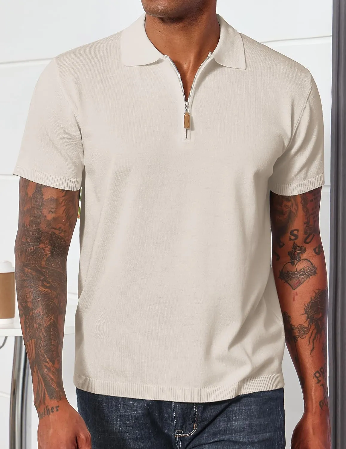 Men's Casual Zipper Polo Shirts Regular Fit Short Sleeve Knitting Shirts Stretchy Golf Shirts