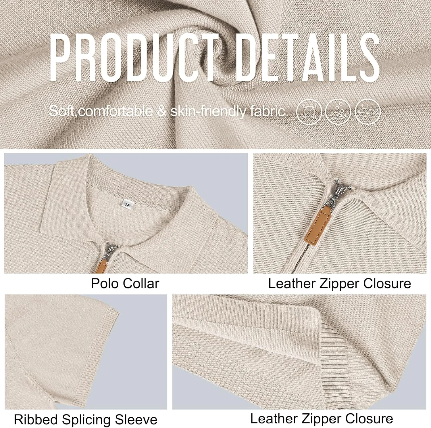 Men's Casual Zipper Polo Shirts Regular Fit Short Sleeve Knitting Shirts Stretchy Golf Shirts
