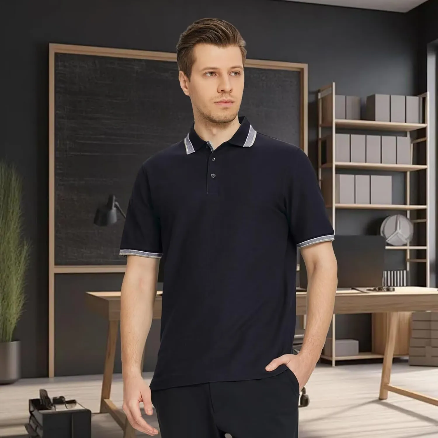 Men's Pique Polo Shirts Long Sleeve Cotton Blend Tipped Casual Collared Polo Shirts Business Classic Fit