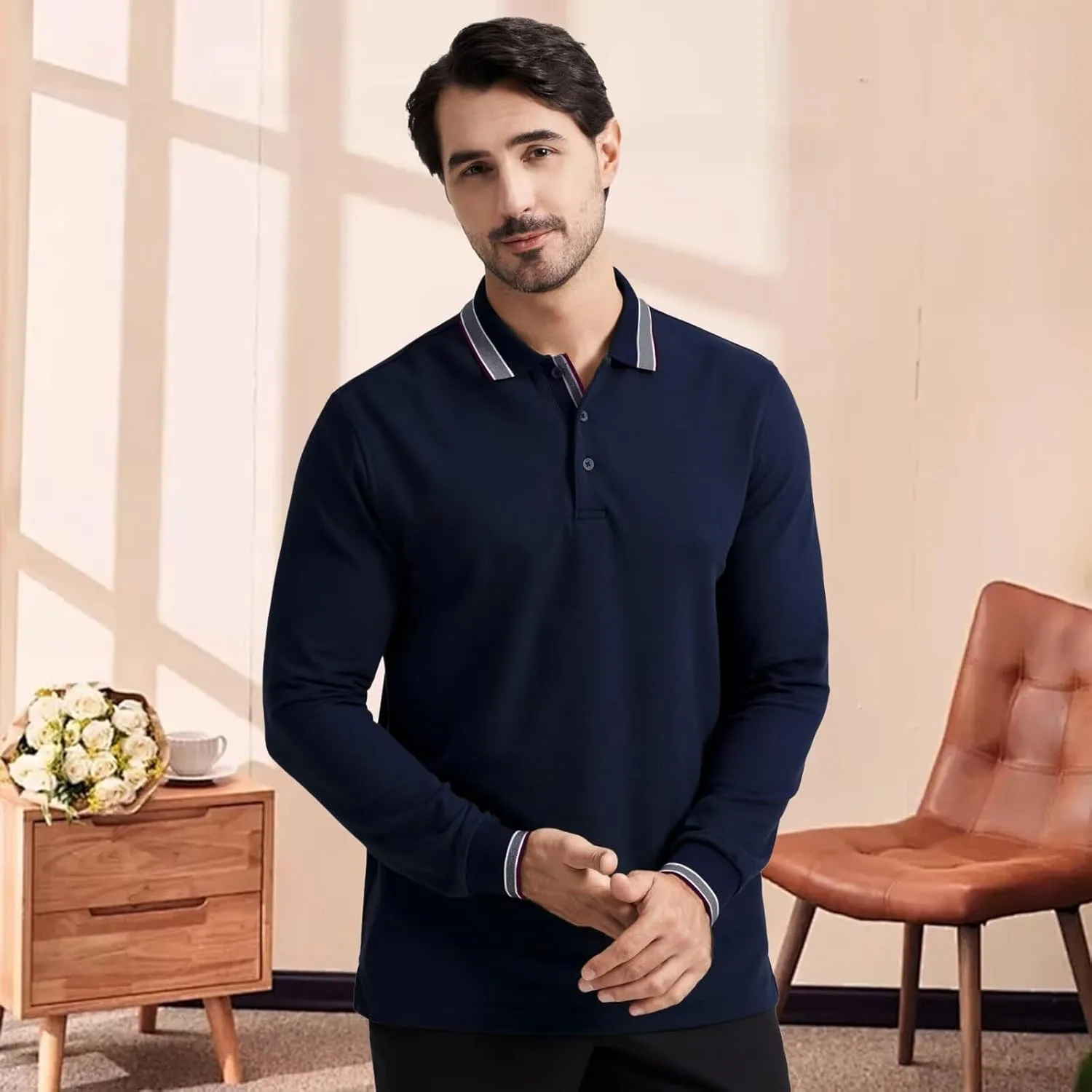 Men's Pique Polo Shirts Long Sleeve Cotton Blend Tipped Casual Collared Polo Shirts Business Classic Fit