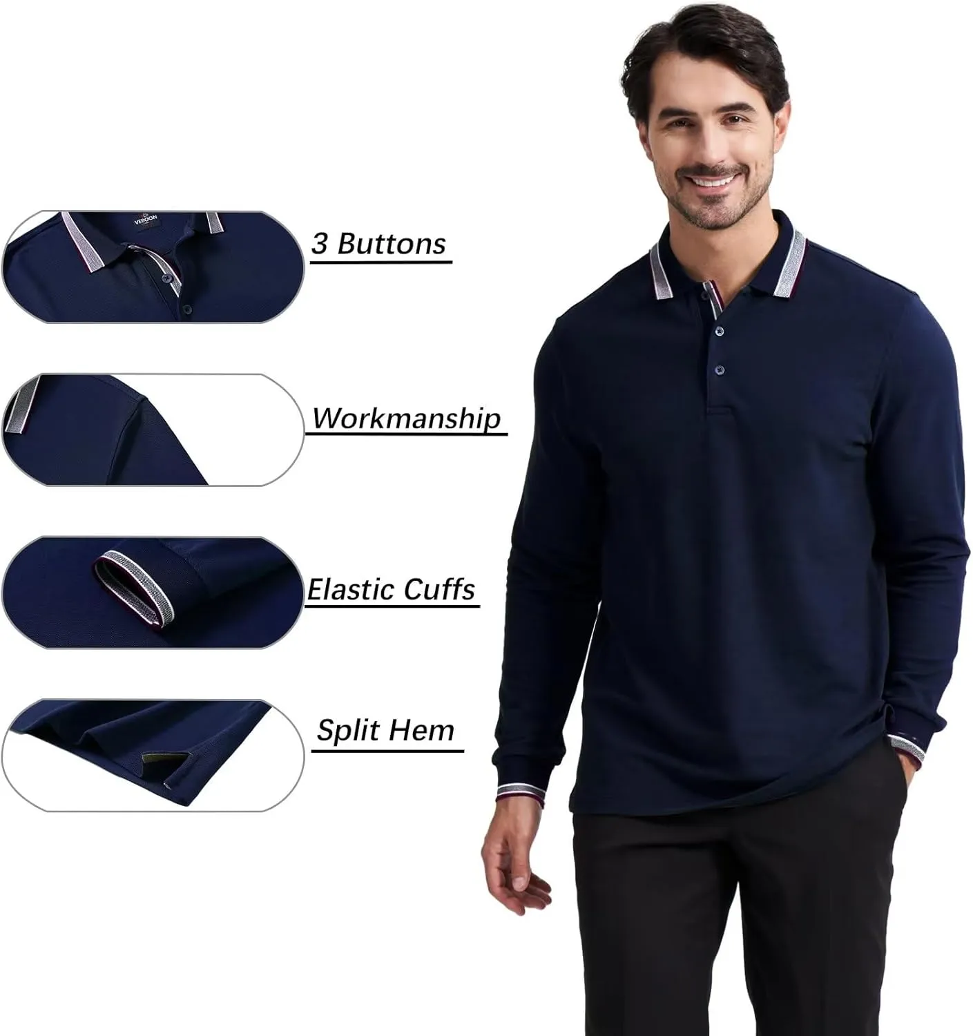 Men's Pique Polo Shirts Long Sleeve Cotton Blend Tipped Casual Collared Polo Shirts Business Classic Fit