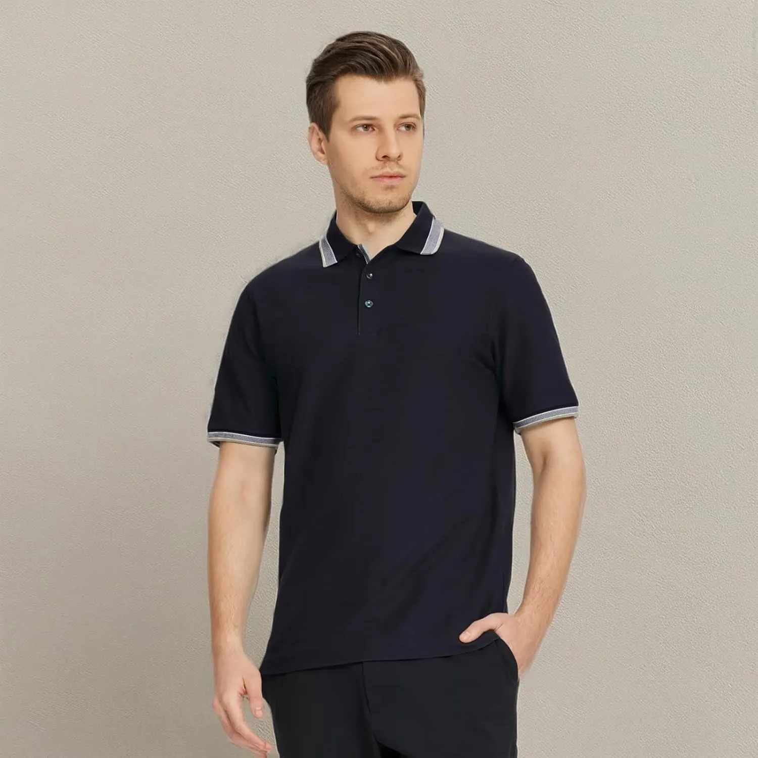 Men's Pique Polo Shirts Long Sleeve Cotton Blend Tipped Casual Collared Polo Shirts Business Classic Fit