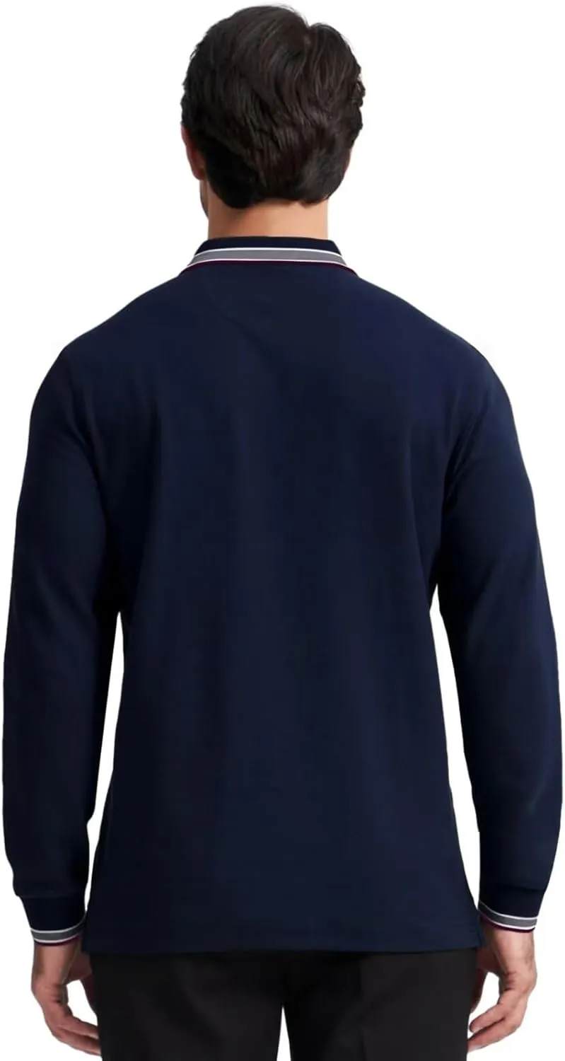 Men's Pique Polo Shirts Long Sleeve Cotton Blend Tipped Casual Collared Polo Shirts Business Classic Fit