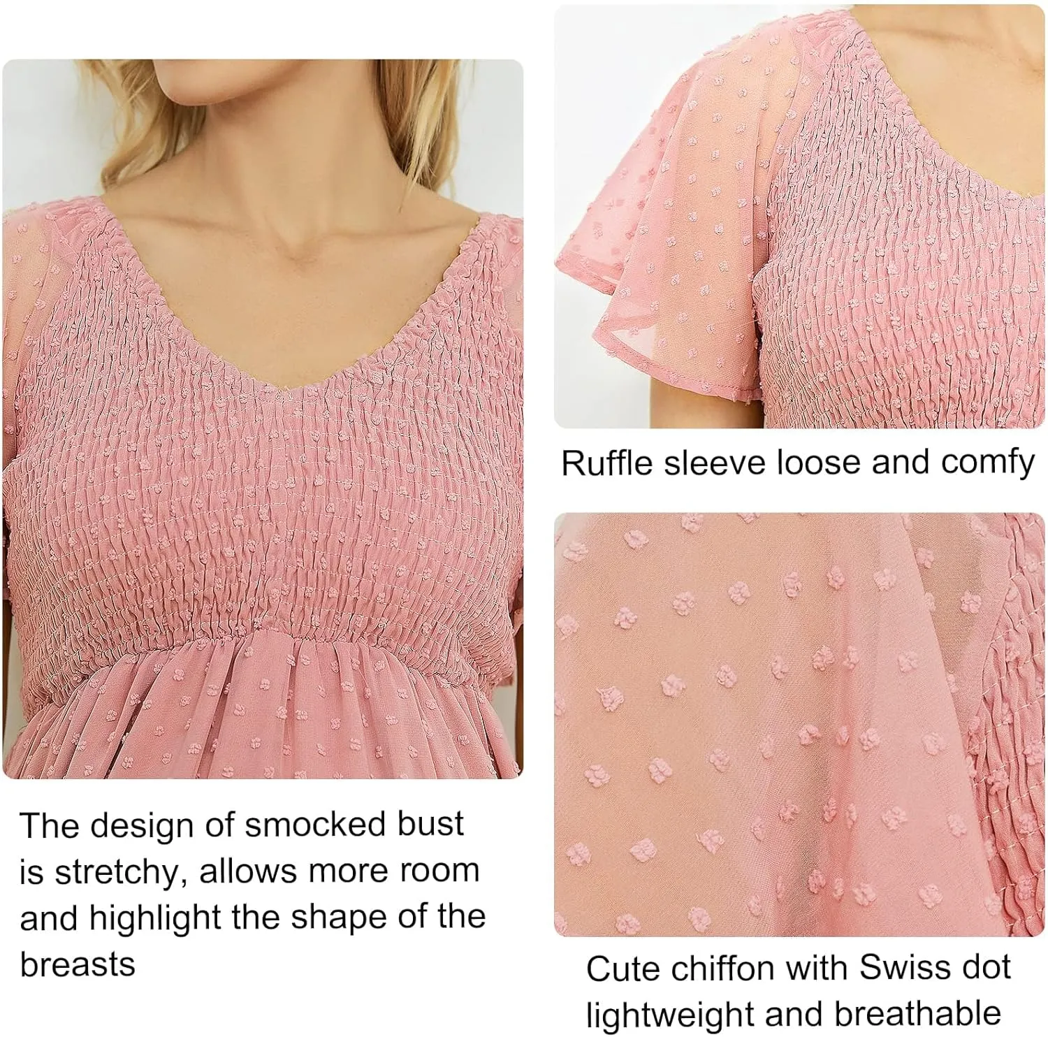 Swiss Dot Smocked Maternity Dress for Baby Shower Photoshoot Casual V Neck Ruffle Sleeve Empire Waist Tiered Boho Dress
