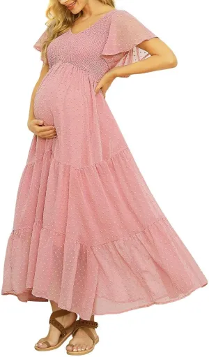 Swiss Dot Smocked Maternity Dress for Baby Shower Photoshoot Casual V Neck Ruffle Sleeve Empire Waist Tiered Boho Dress
