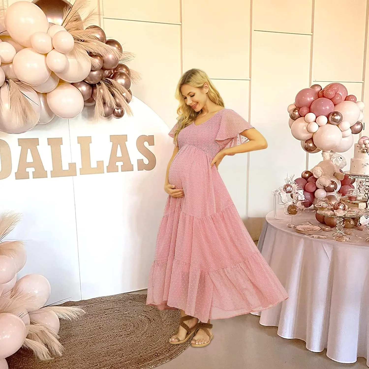 Swiss Dot Smocked Maternity Dress for Baby Shower Photoshoot Casual V Neck Ruffle Sleeve Empire Waist Tiered Boho Dress
