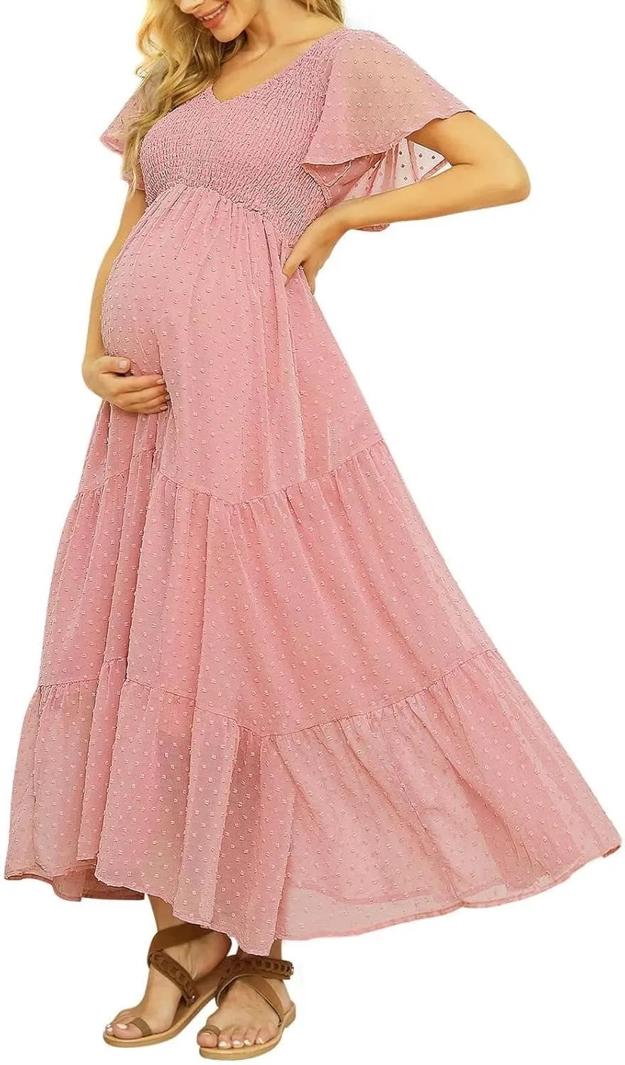 Swiss Dot Smocked Maternity Dress for Baby Shower Photoshoot Casual V Neck Ruffle Sleeve Empire Waist Tiered Boho Dress