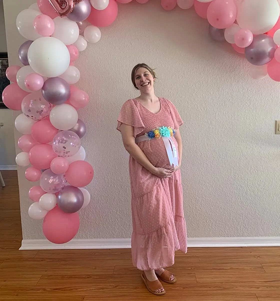Swiss Dot Smocked Maternity Dress for Baby Shower Photoshoot Casual V Neck Ruffle Sleeve Empire Waist Tiered Boho Dress