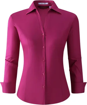WARHORSEE Womens Button Down Shirt Long Sleeve Work Dress Shirts, V Neck Easy Care Stretchy Business Casual Blouses for Women