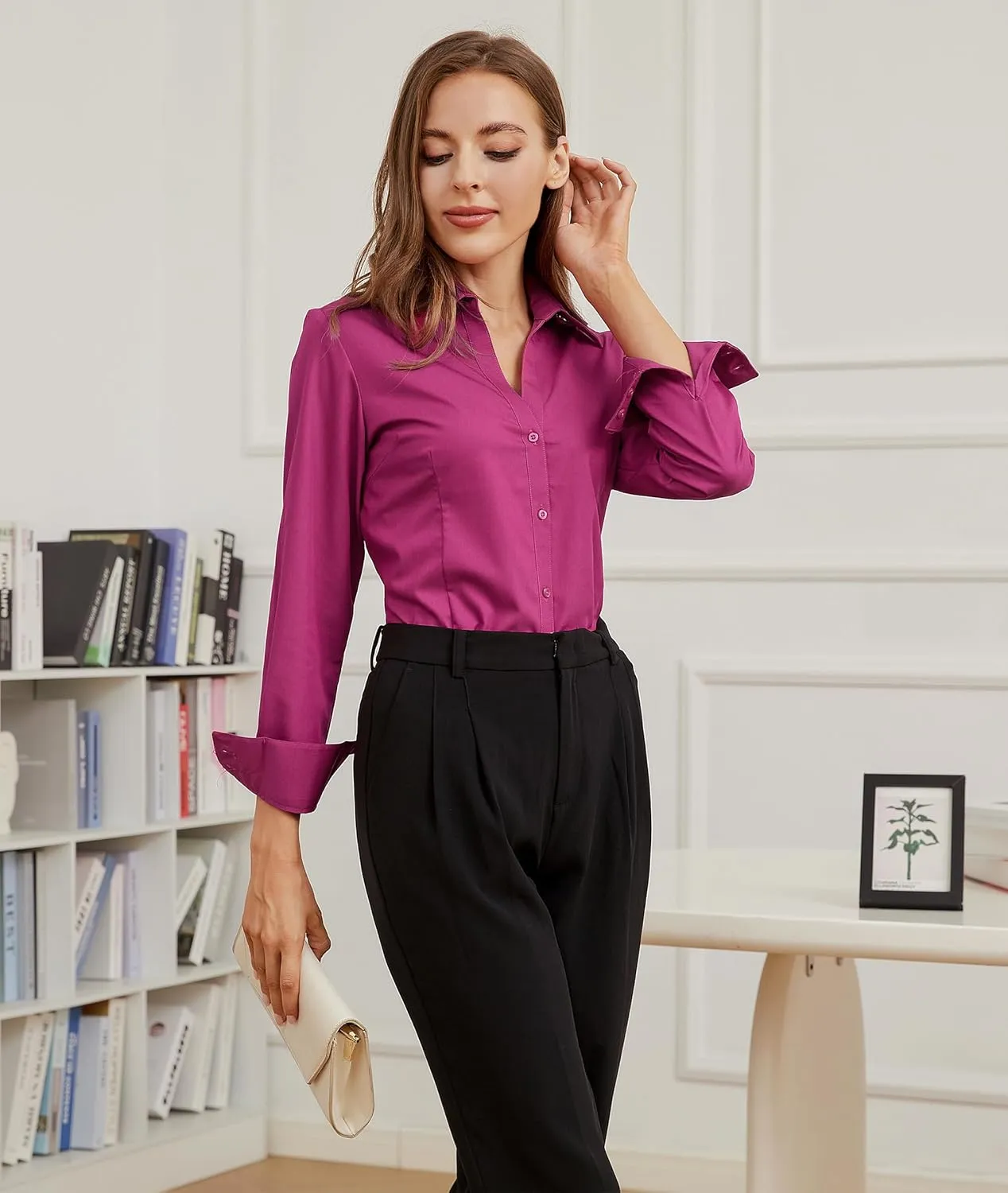 WARHORSEE Womens Button Down Shirt Long Sleeve Work Dress Shirts, V Neck Easy Care Stretchy Business Casual Blouses for Women