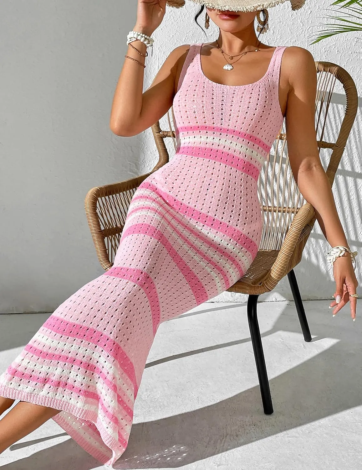 Womens Sexy Crochet Sheer Midi Dress Hollow Out U Neck Backless Color Block Striped Sleeveless Beach Coverup 2024